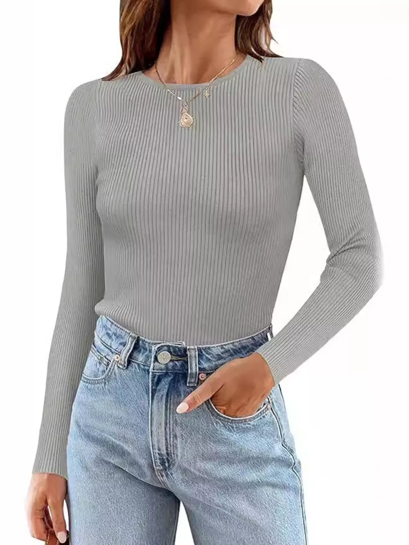 Ribbed Knit Slim Fit Long Sleeve T-Shirt - Trendsi - Flyclothing LLC