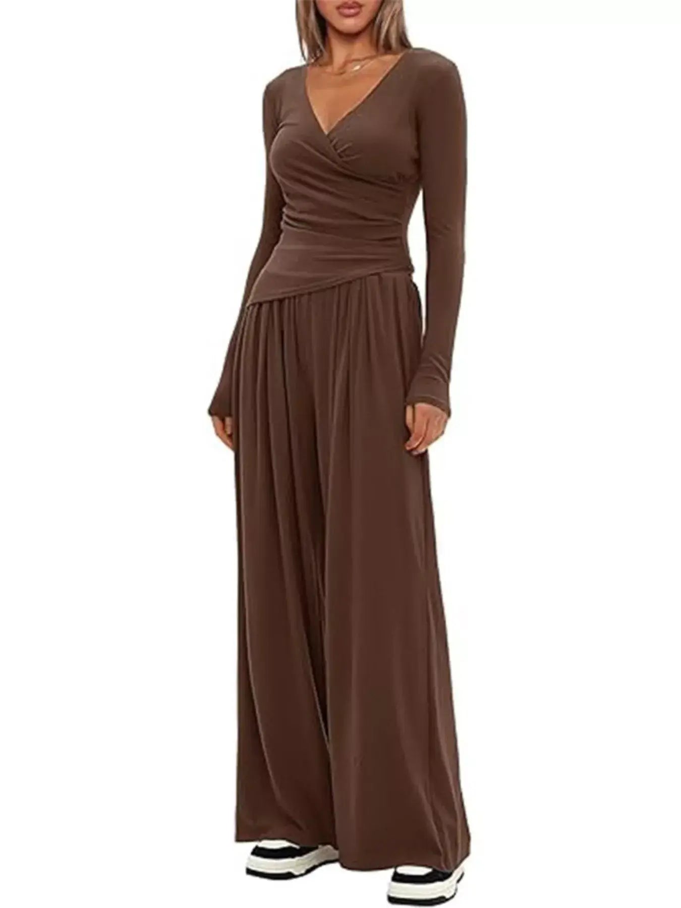 Casual Long Sleeve Top and Wide Leg Pants Set - Trendsi - Flyclothing LLC
