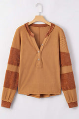 Contrast Patched Exposed Seam Waffle Knit Henley Top - Trendsi - Flyclothing LLC
