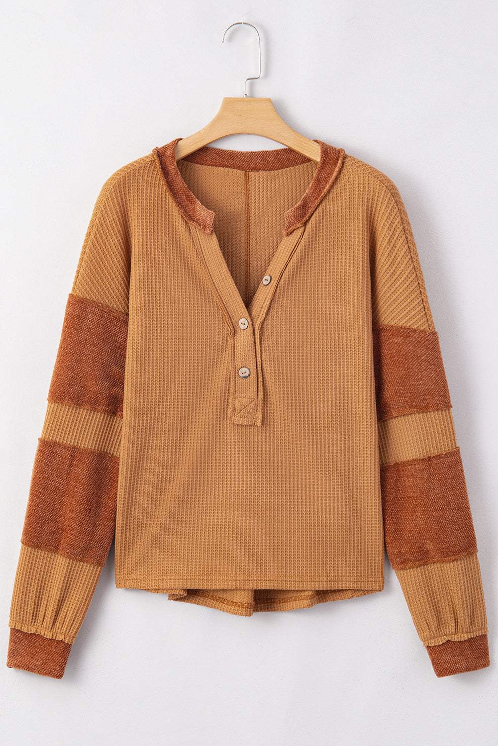 Contrast Patched Exposed Seam Waffle Knit Henley Top - Trendsi - Flyclothing LLC