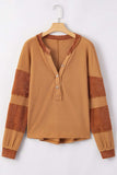 Contrast Patched Exposed Seam Waffle Knit Henley Top - Trendsi - Flyclothing LLC