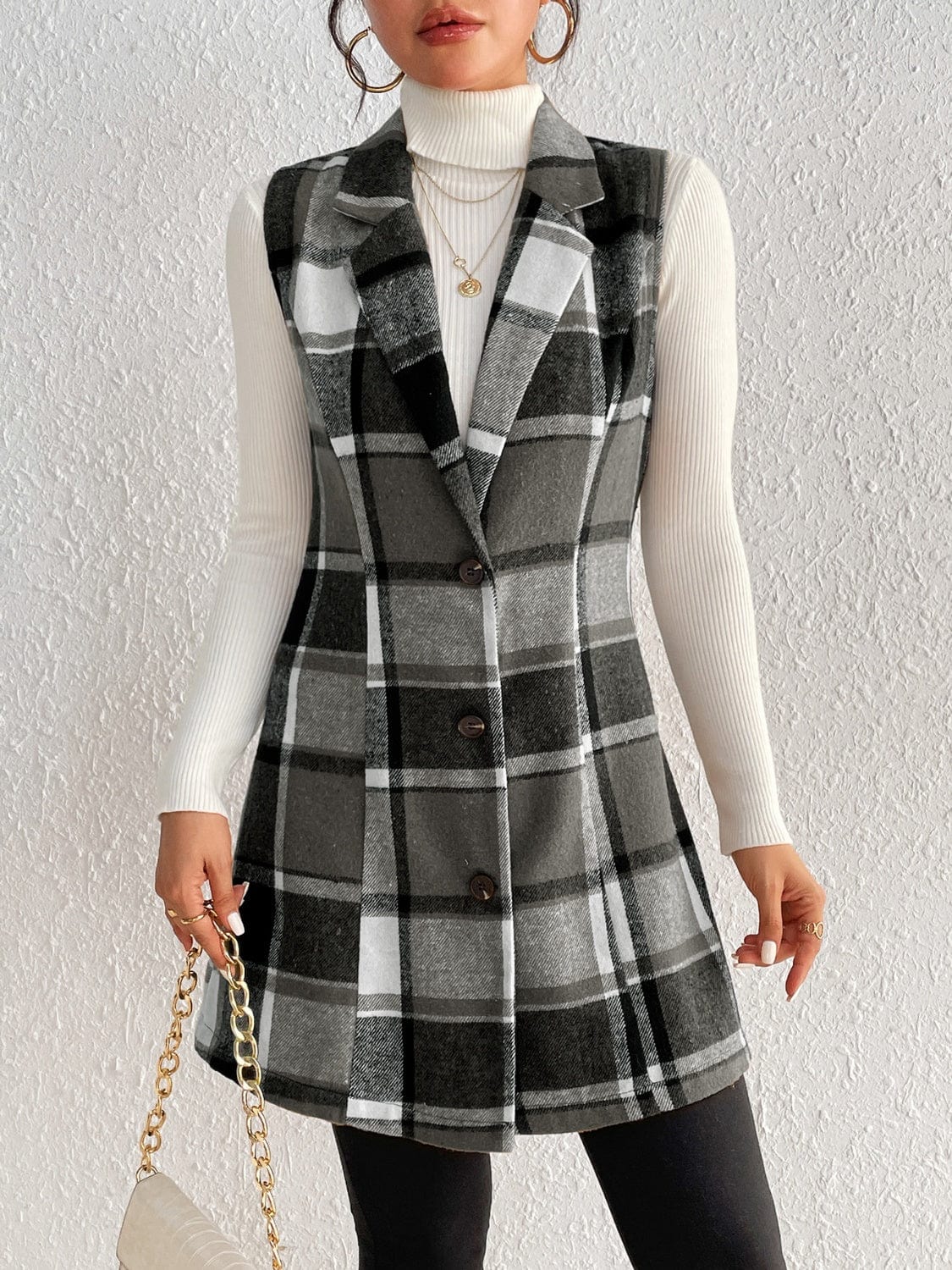 Honey Plaid Button Up Vest Coat - Trendsi