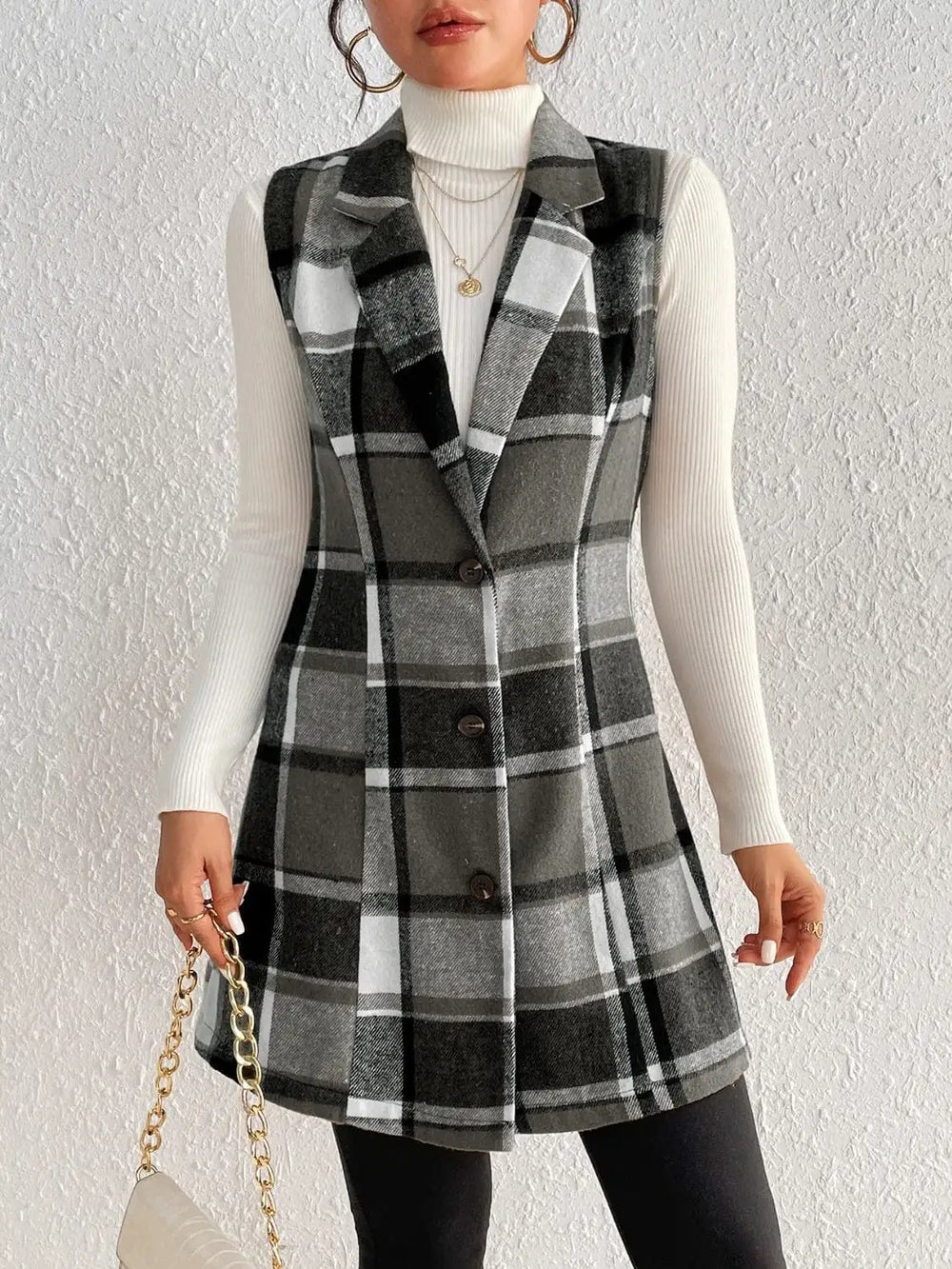 Honey Plaid Button Up Vest Coat - Trendsi