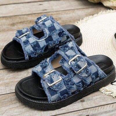 Raw Edge Checkered Cloth Buckle Sandals - Trendsi - Flyclothing LLC