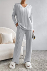 Ribbed V-Neck Top and Pants Set - Trendsi - Flyclothing LLC