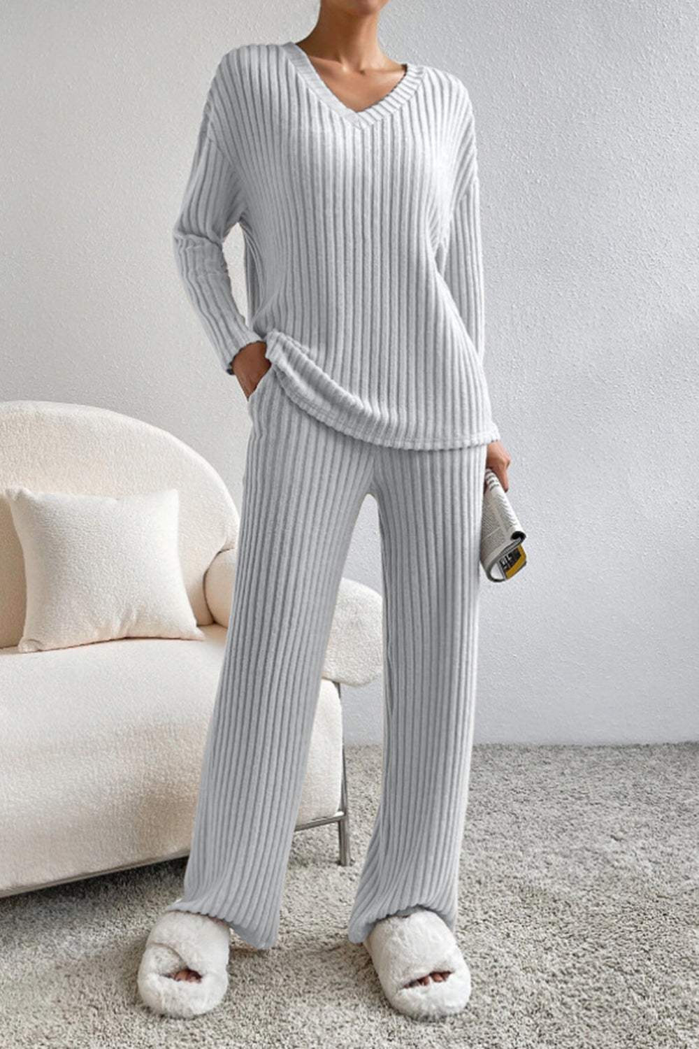 Ribbed V-Neck Top and Pants Set - Trendsi - Flyclothing LLC