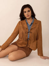 Tied Tassel Collared Neck Long Sleeve Jacket - Trendsi - Flyclothing LLC