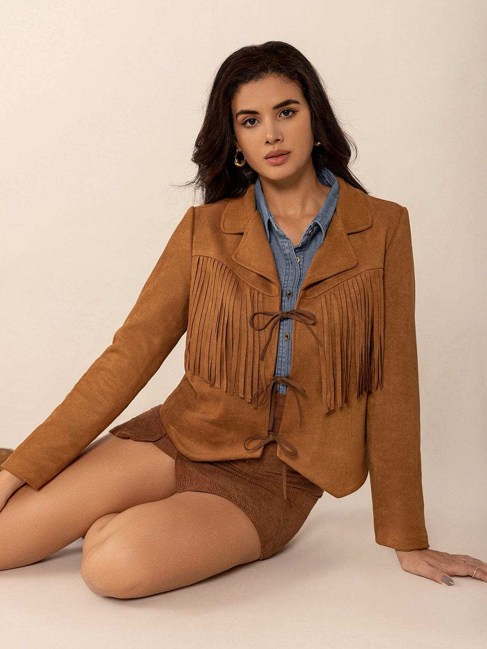 Tied Tassel Collared Neck Long Sleeve Jacket - Trendsi - Flyclothing LLC