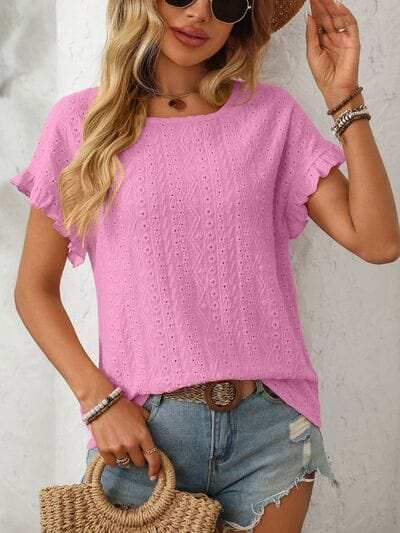 Mandy Eyelet Round Neck Short Sleeve Top - Trendsi - Flyclothing LLC