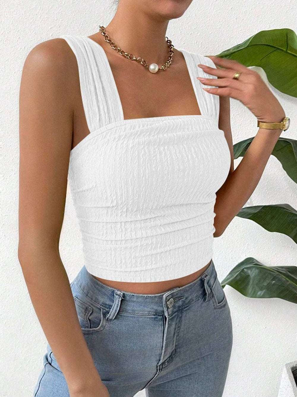 Textured Square Neck Wide Strap Tank - Trendsi - Flyclothing LLC