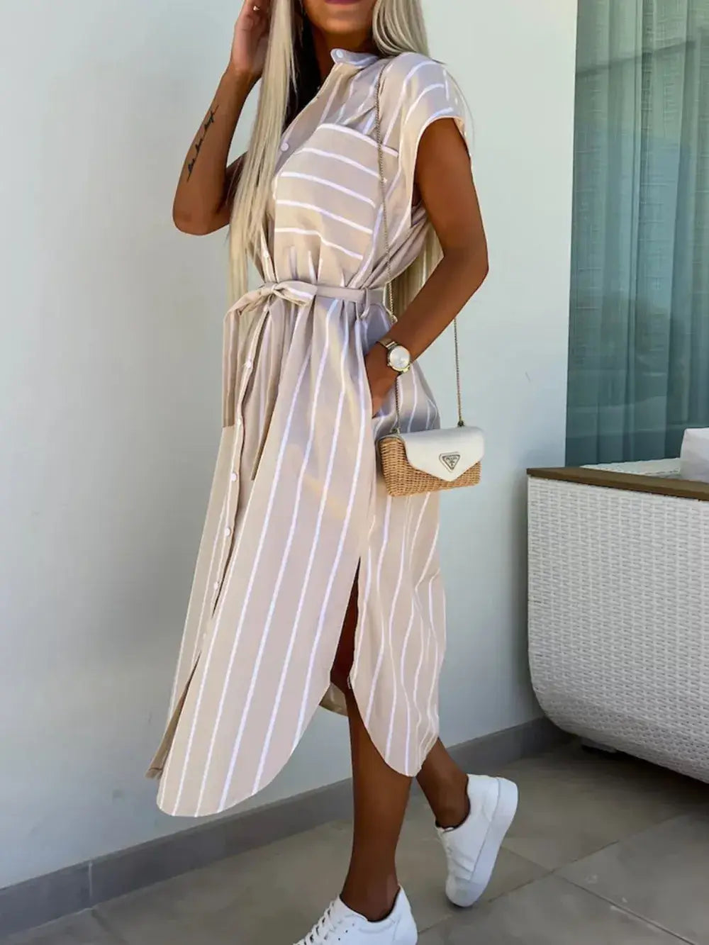 Striped Tie Waist Short Sleeve Dress - Trendsi - Flyclothing LLC