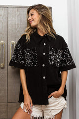 BiBi Sequin Detail Raw Hem Short Sleeve Shirt - Trendsi - Flyclothing LLC