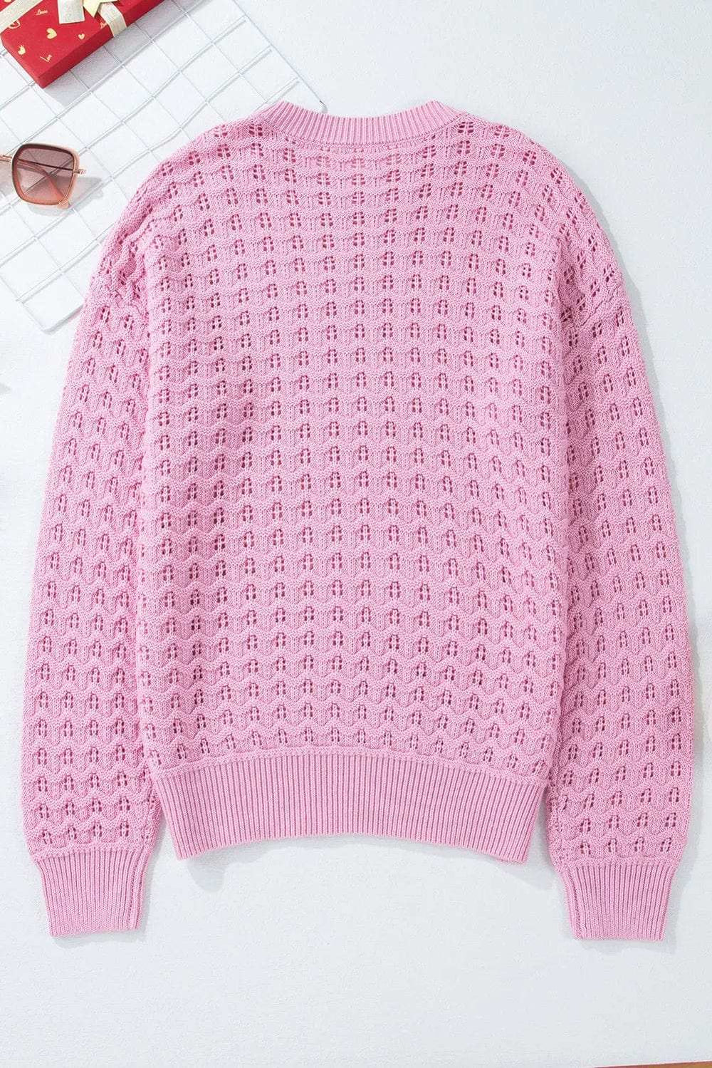 Round Neck Dropped Shoulder Long Sleeve Sweater - Trendsi - Flyclothing LLC
