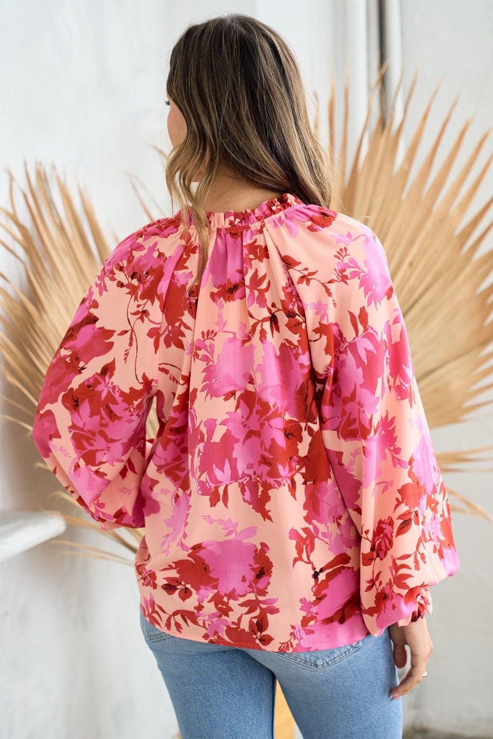 Hailey & Co Ruffle V-Neck Decor Button Floral Blouse - Trendsi