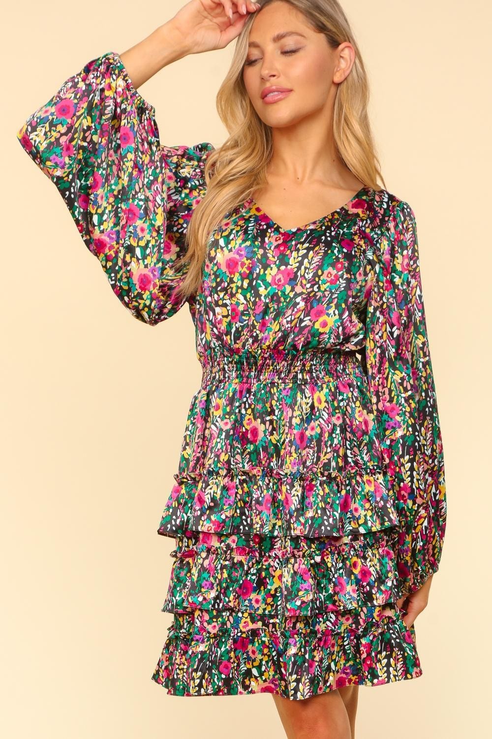 Haptics V-Neck Satin Floral Layered Dress - Trendsi