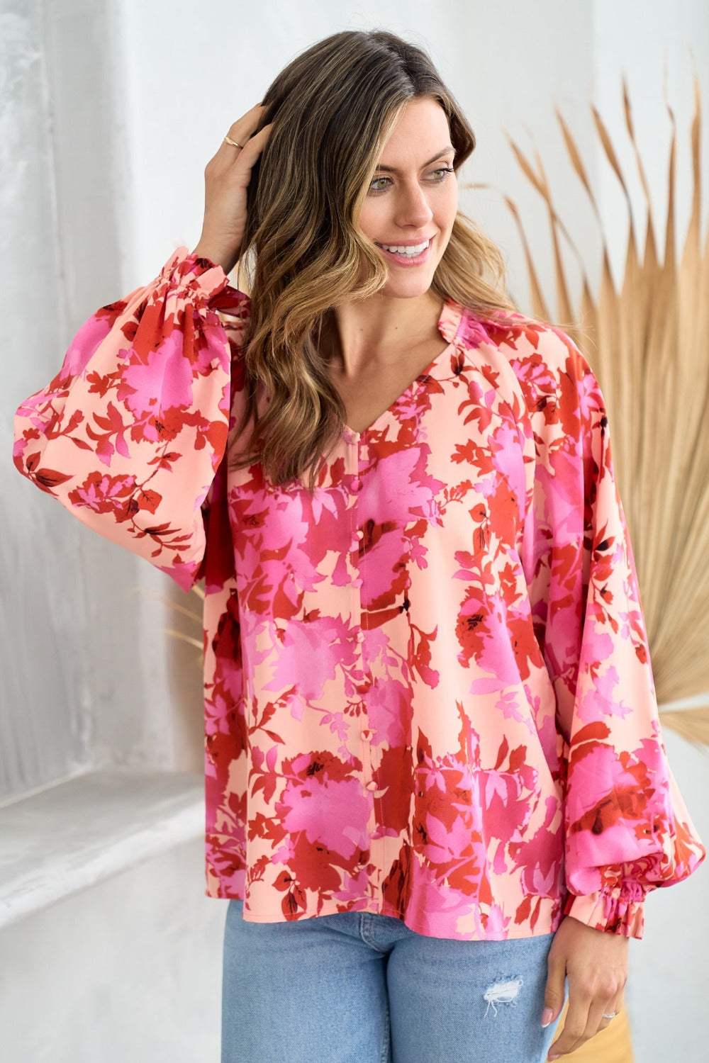 Hailey & Co Ruffle V-Neck Decor Button Floral Blouse - Trendsi - Flyclothing LLC
