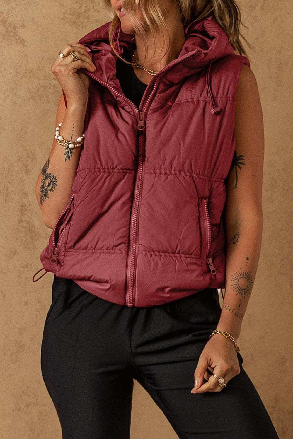 Drawstring Zip Up Hooded Vest Coat - Trendsi - Flyclothing LLC