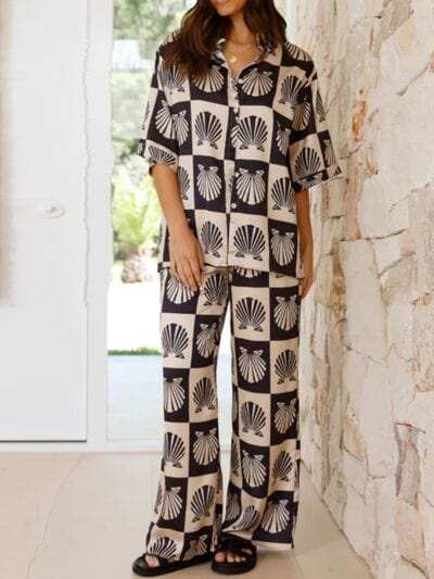Printed Collared Neck Top and Wide Leg Pants Set - Trendsi - Flyclothing LLC