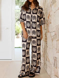 Printed Collared Neck Top and Wide Leg Pants Set - Trendsi
