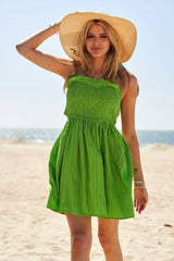 Davi & Dani Smocking Halter Neck Tie Open Back Mini Dress - Trendsi - Flyclothing LLC