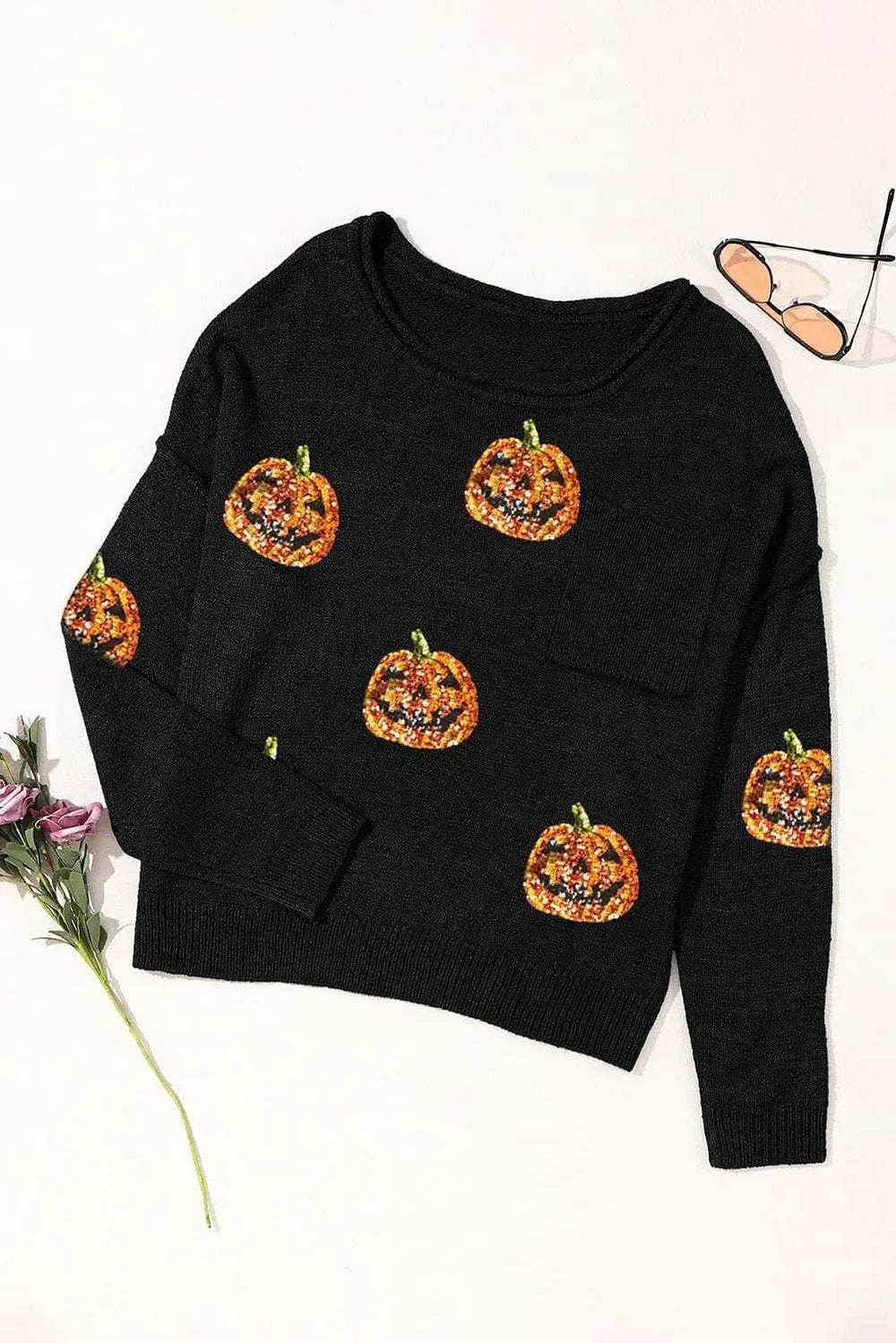 Pumpkin Round Neck Long Sleeve Knit Top - Trendsi - Flyclothing LLC