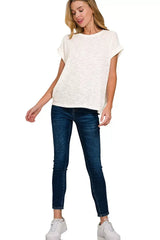 Zenana Hacci Slub Rolled Up Sleeve Tee - Trendsi - Flyclothing LLC