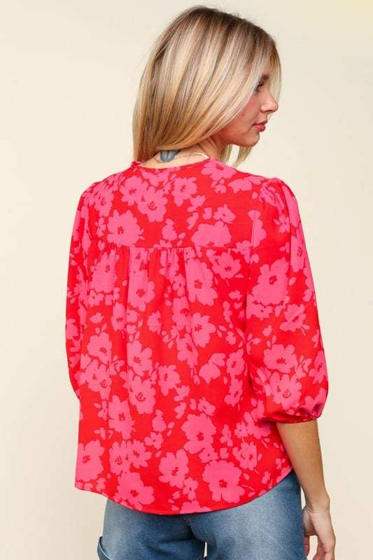 Haptics Full Size Ribbon Bow Floral Balloon Sleeve Blouse - Trendsi - Flyclothing LLC