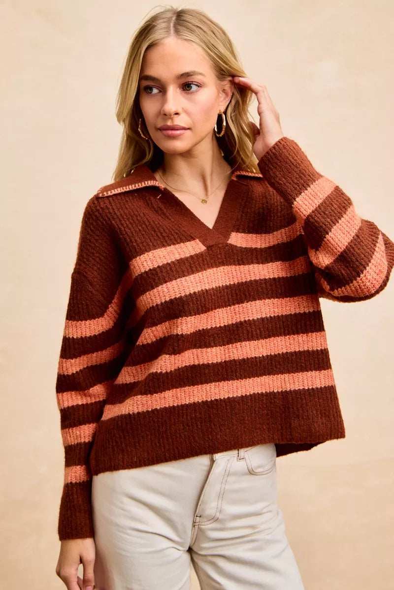 BiBi Striped Sweater Top with Collar Stitched Details - Trendsi - Flyclothing LLC