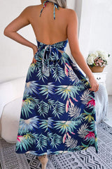 Botanical Print Tied Backless Cutout Slit Dress - Trendsi - Flyclothing LLC