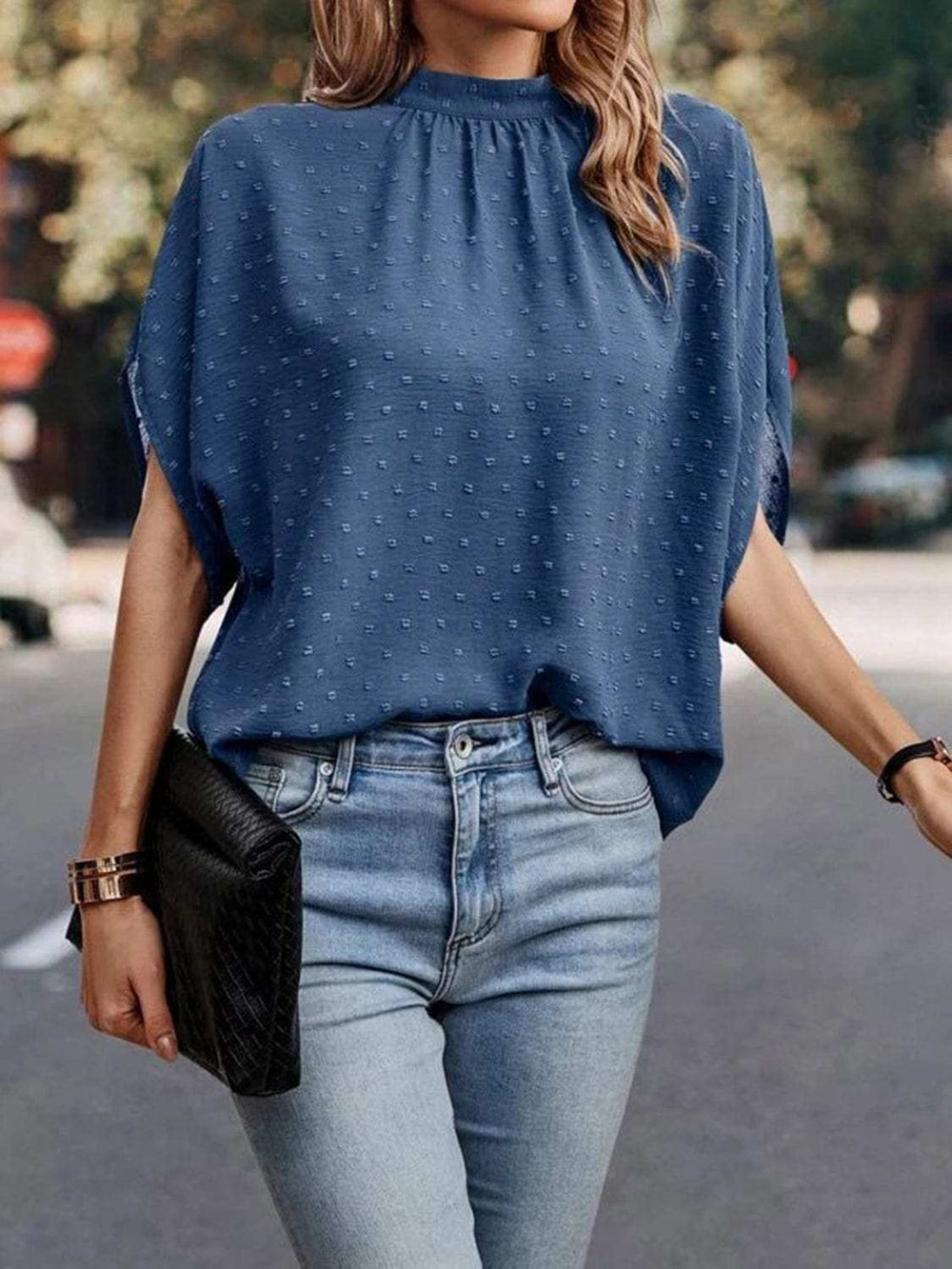 Swiss Dot Mock Neck Half Sleeve Blouse - Trendsi - Flyclothing LLC