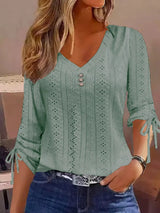 Full Size V-Neck Eyelet Drawstring Sleeve Top Plus Size - Trendsi - Flyclothing LLC