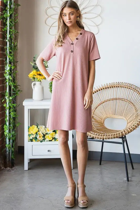 Heimish Full Size Solid Ribbed Mini Dress with Button Plus Size - Trendsi - Flyclothing LLC