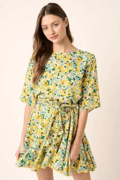 Mittoshop Floral Tie Waist Half Sleeve Mini Dress - Trendsi - Flyclothing LLC