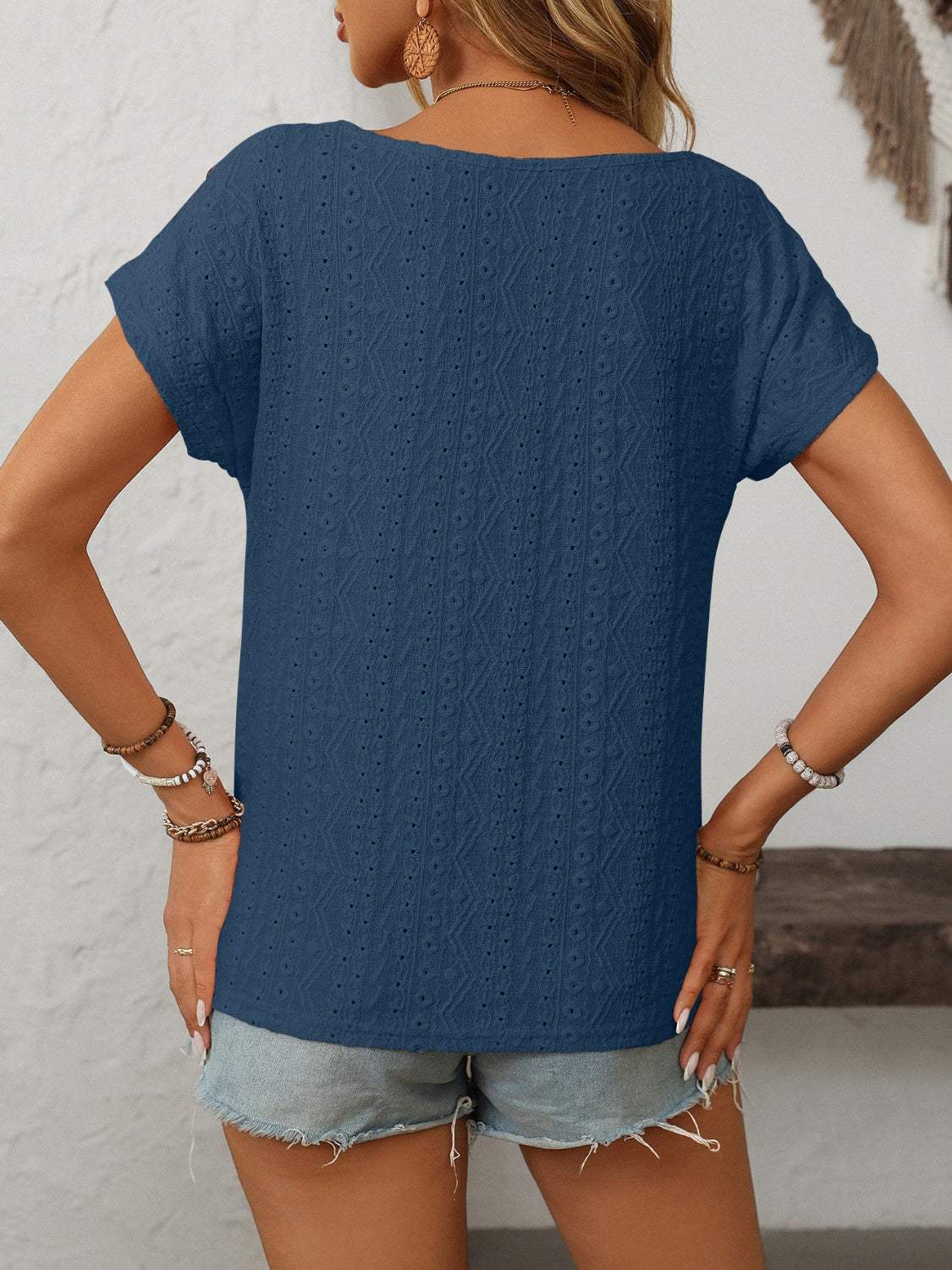 Mandy Eyelet Round Neck Short Sleeve Top - Trendsi - Flyclothing LLC