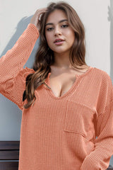 Double Take Striped Notched Long Sleeve T-Shirt - Trendsi - Flyclothing LLC