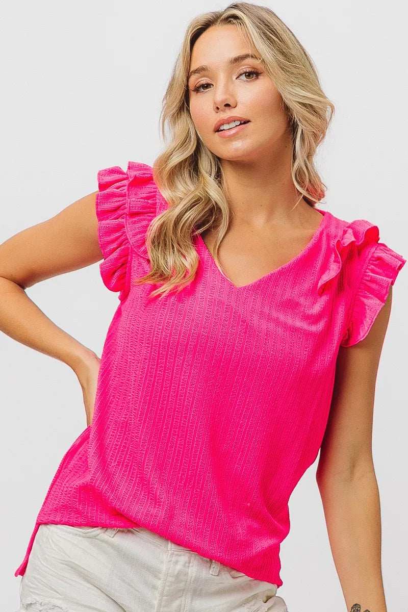 BiBi Layered Ruffles Armhole V-neck Rib Textured Top - Trendsi - Flyclothing LLC