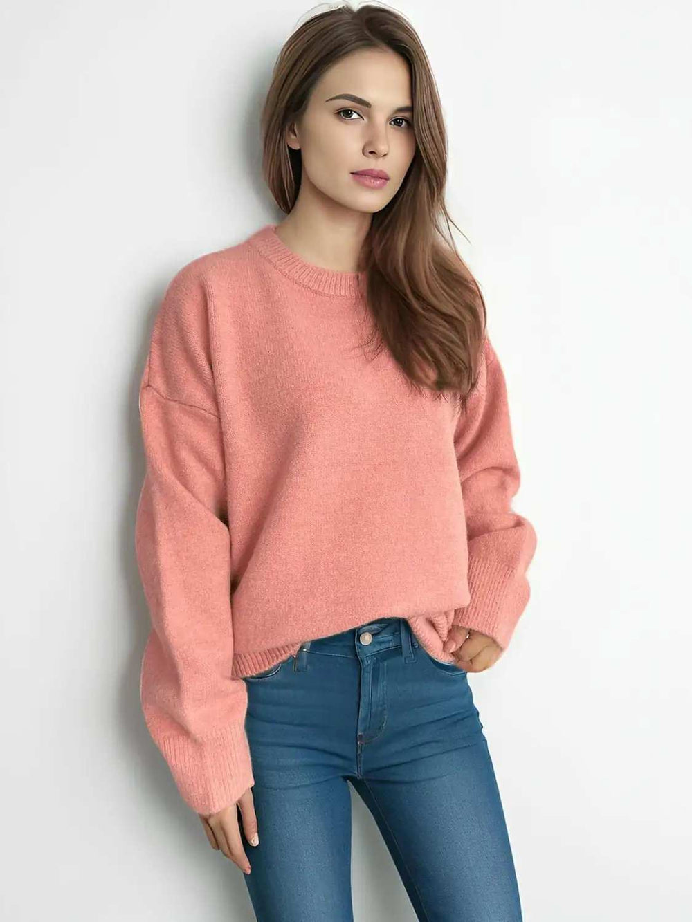 Round Neck Dropped Shoulder Long Sleeve Sweater - Trendsi - Flyclothing LLC