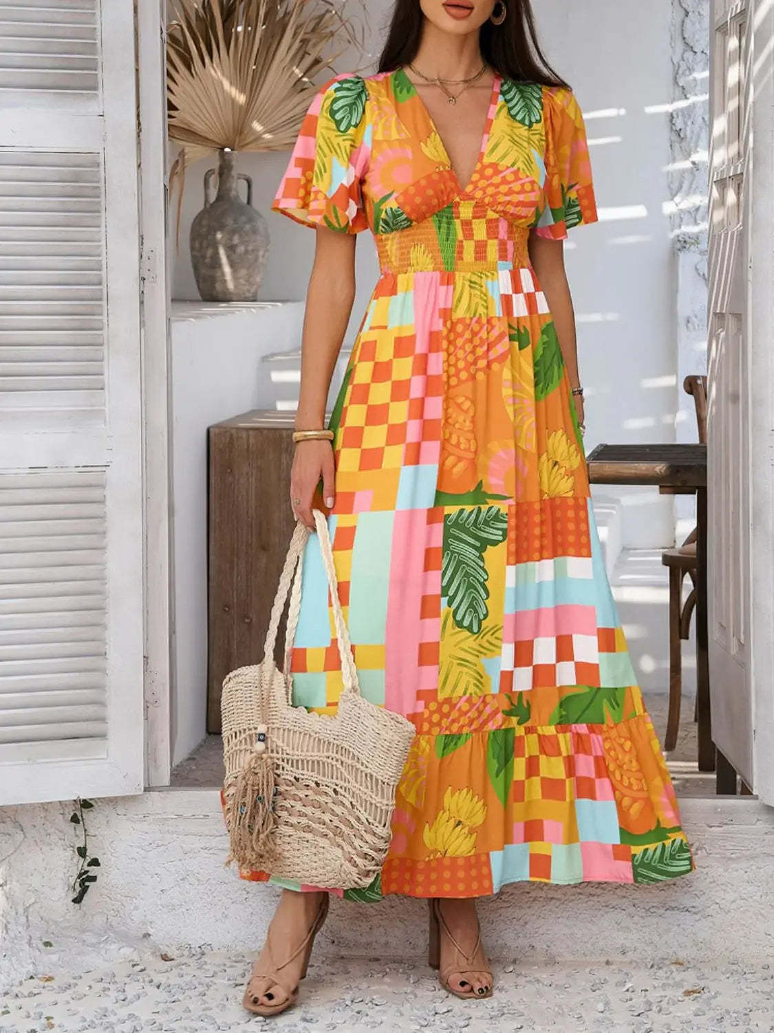 Devine Smocked Printed V-Neck Short Sleeve Maxi Dress - Trendsi - Flyclothing LLC