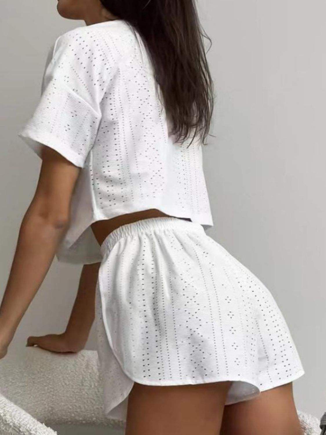 Eyelet Round Neck Top and Shorts Set - Trendsi - Flyclothing LLC
