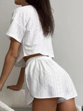 Eyelet Round Neck Top and Shorts Set - Trendsi