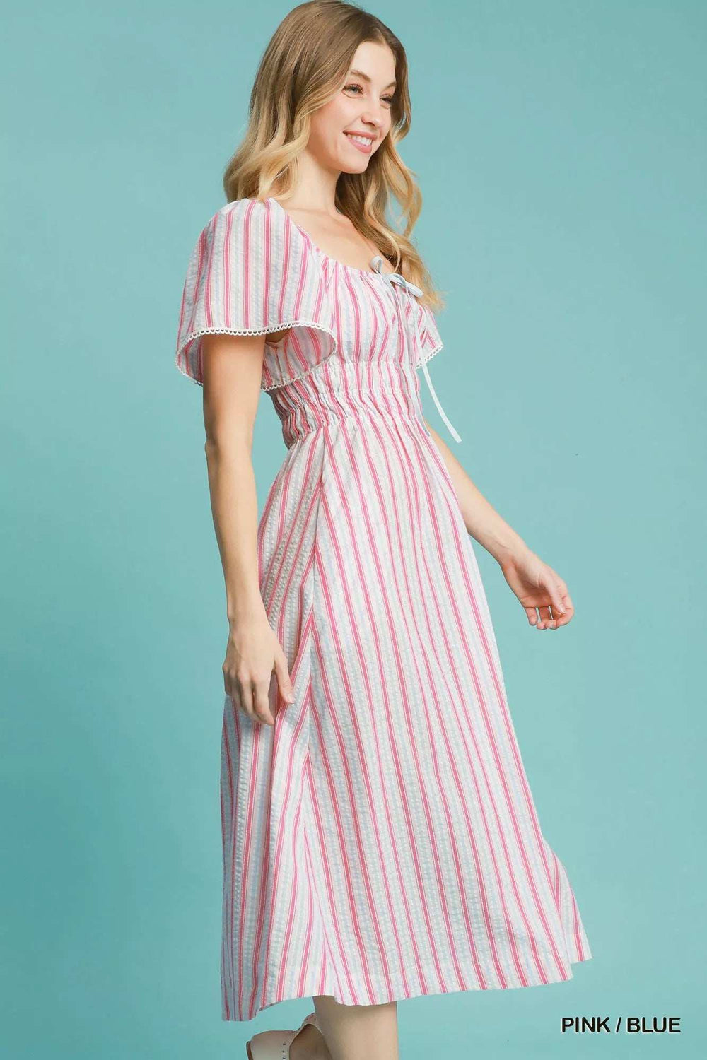 Umgee Smocked Striped Short Sleeve Midi Dress - Trendsi - Flyclothing LLC