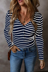 Striped V-Neck Long Sleeve Top - Trendsi - Flyclothing LLC