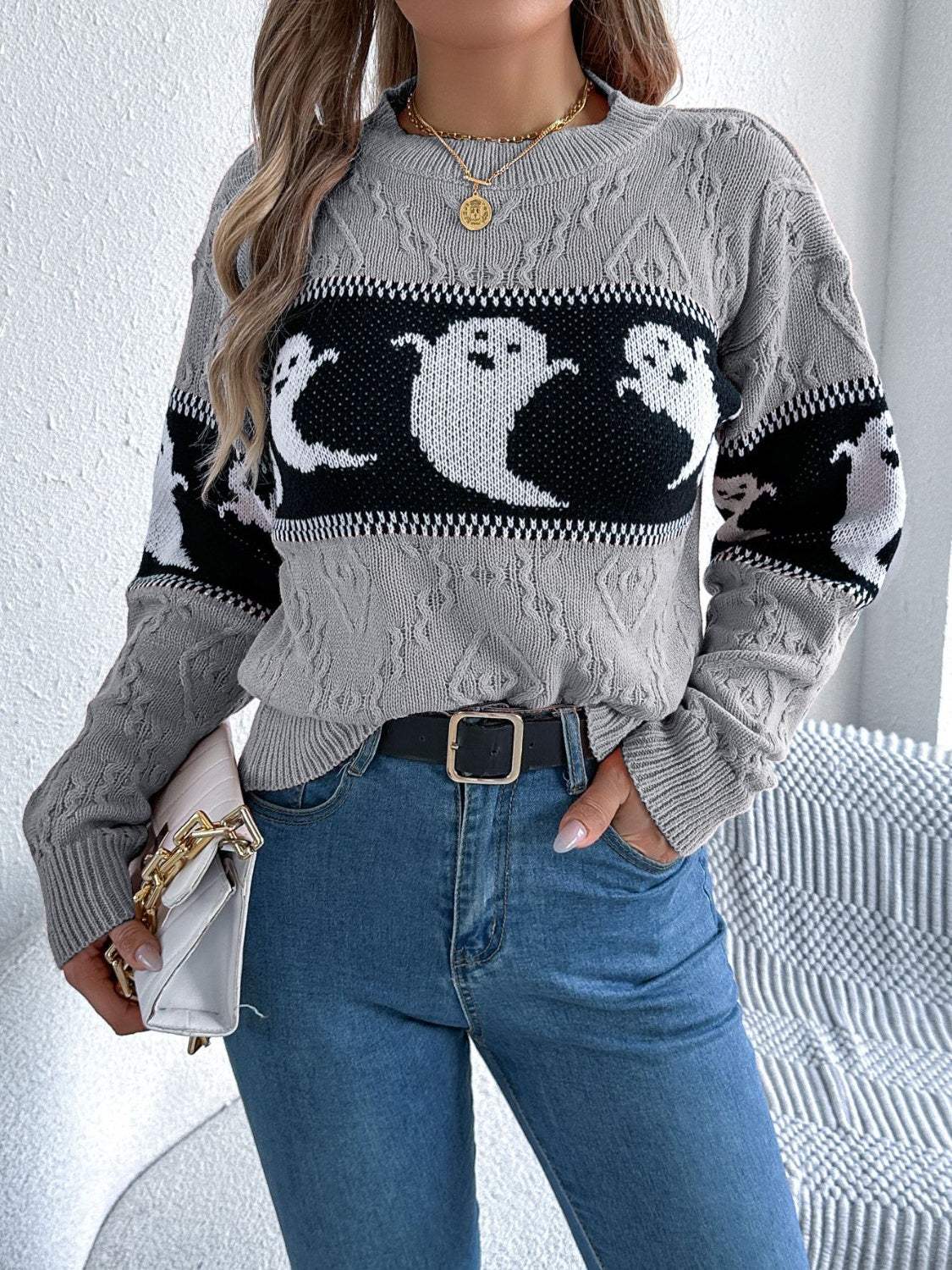 Ghost Round Neck Long Sleeve Sweater - Trendsi - Flyclothing LLC