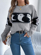 Ghost Round Neck Long Sleeve Sweater - Trendsi - Flyclothing LLC