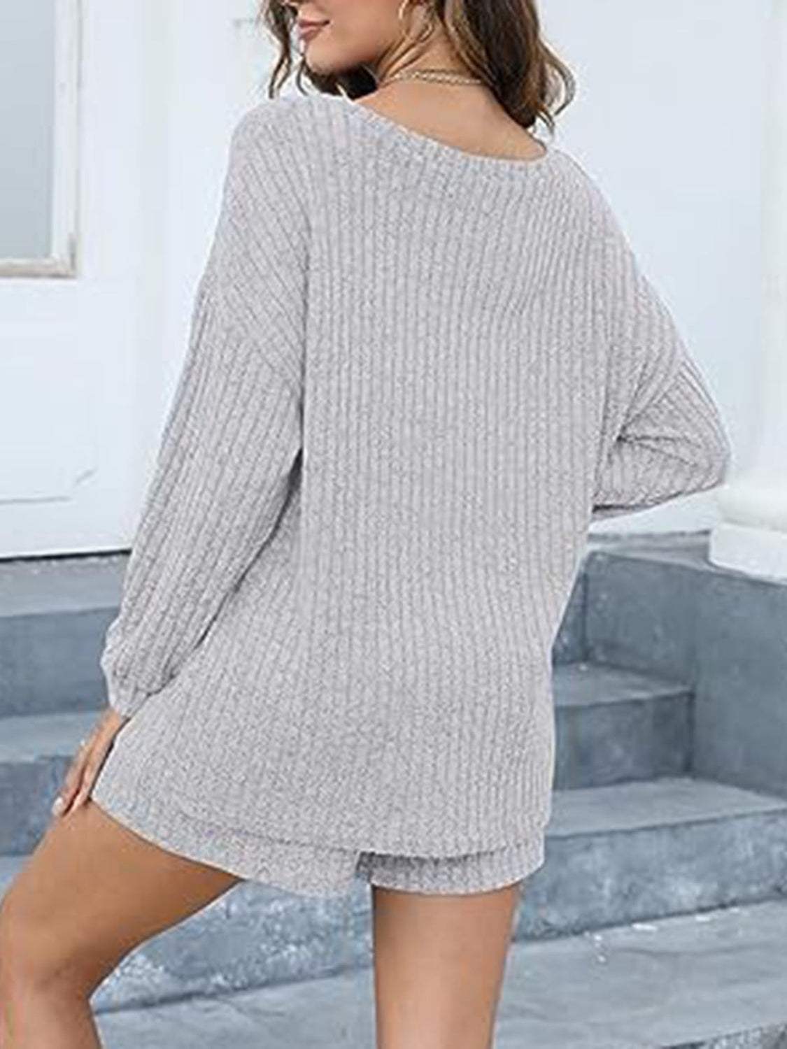 Round Neck Dropped Shoulder Top and Shorts Set - Trendsi - Flyclothing LLC