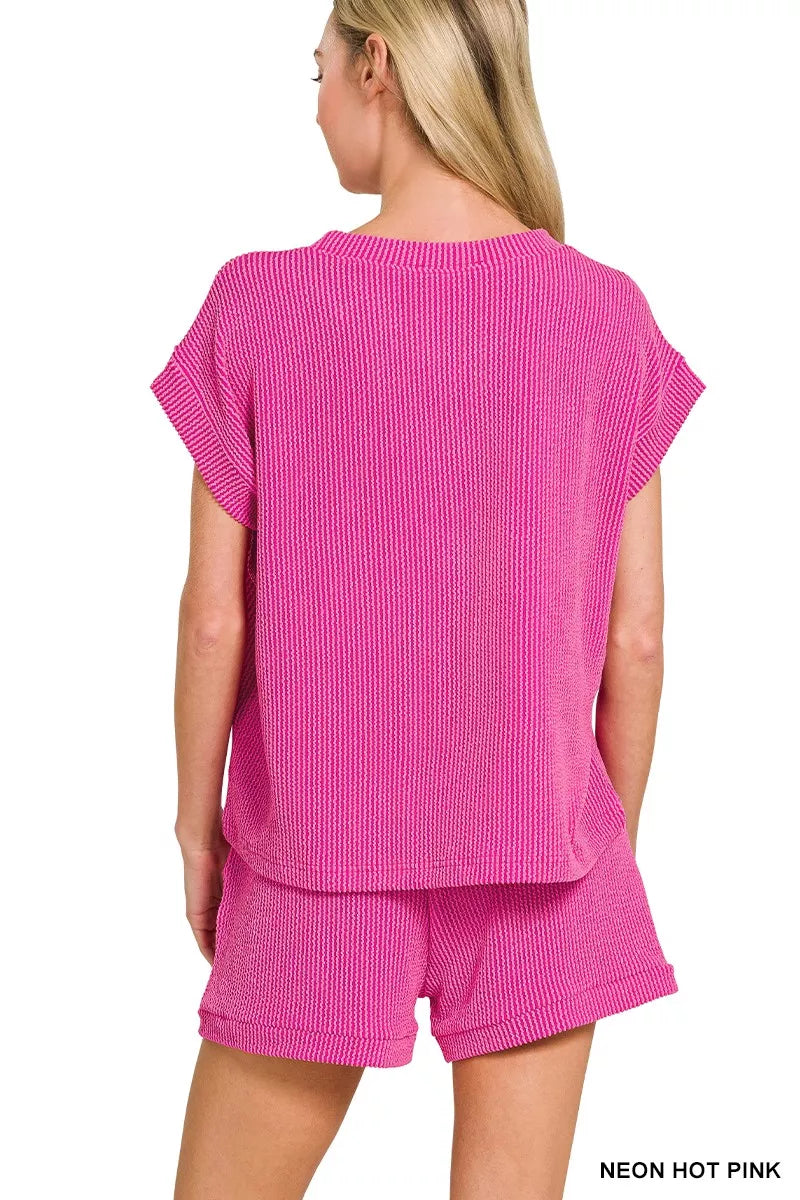 Zenana Raised Rib Cap Sleeve Top & Shorts Set - Trendsi - Flyclothing LLC