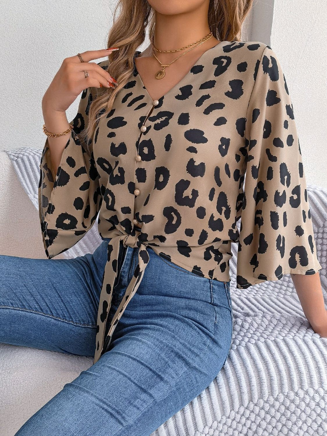 Tied Button Up Leopard V-Neck Blouse Trendsi
