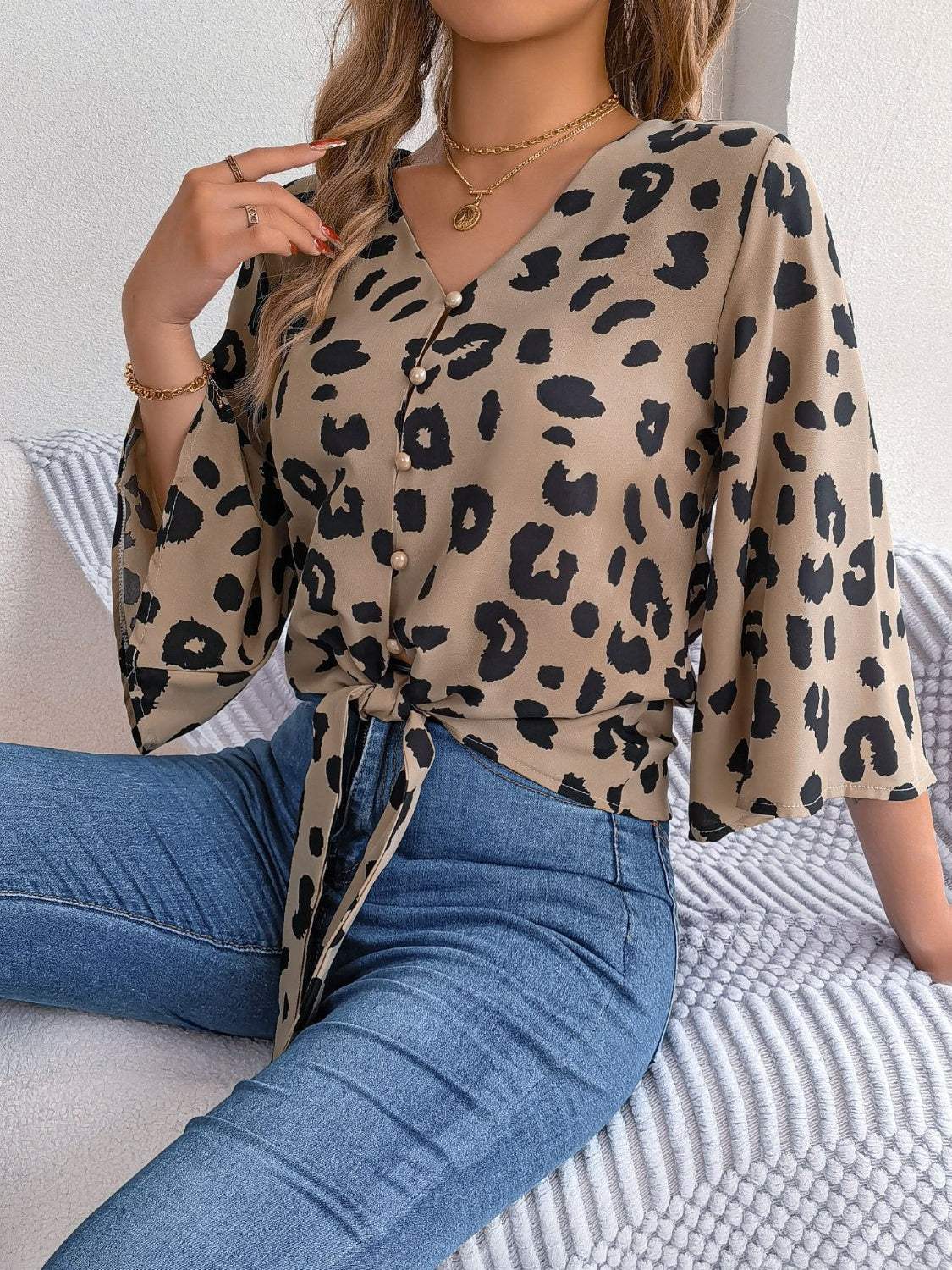 Tied Button Up Leopard V-Neck Blouse - Trendsi - Flyclothing LLC