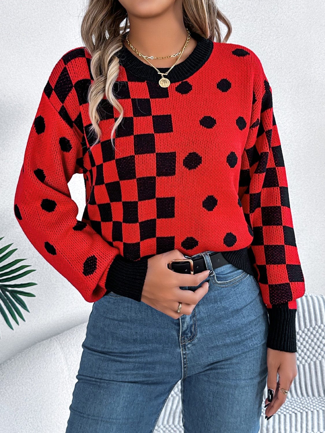 Plaid Round Neck Long Sleeve Sweater - Trendsi