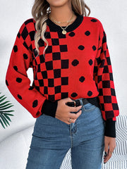 Plaid Round Neck Long Sleeve Sweater - Trendsi